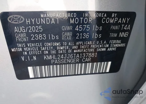 2026 Hyundai Sonata Hybrid Blue из США, поврежденный, VIN KMHL24JJ6TA137881